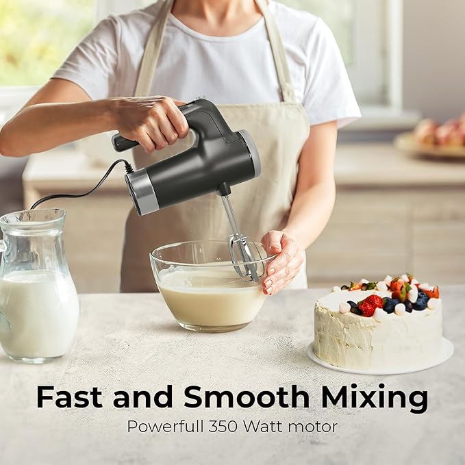 Stellagro Electric Hand Mixer 9 Speed with Stainless Steel Whisk, Flat Beater & Dough Hook, Snap Storage Case, Compact Lightweight 350 W Powerful handheld mixer for Baking & Cooking, Gray