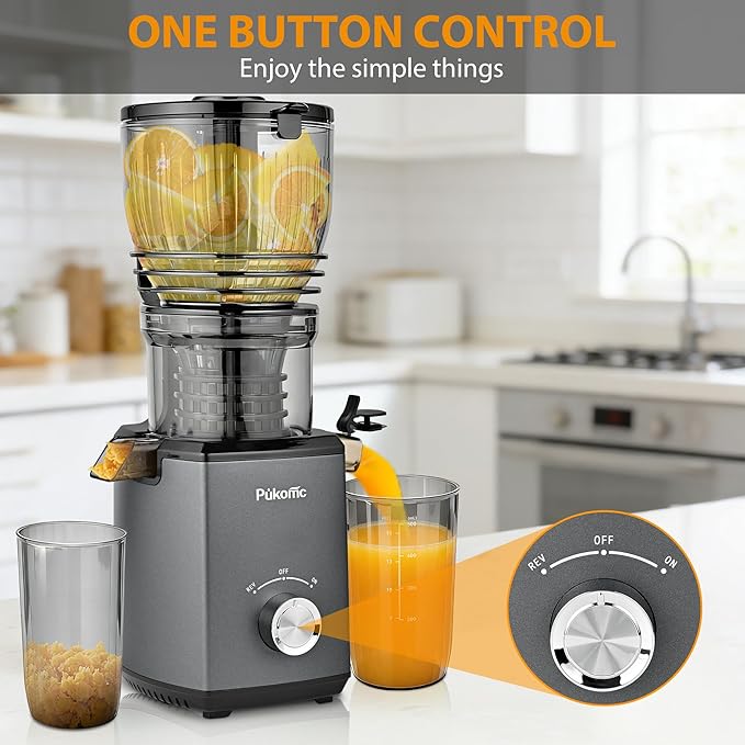 Pukomc Cold Press Juicer, 5.8-inch wide feed chute for whole fruits and vegetables - 1.8L Capacity 300W Cold Press Juicer with slow grinding juicing, includes cleaning brush and juicing cup, grey