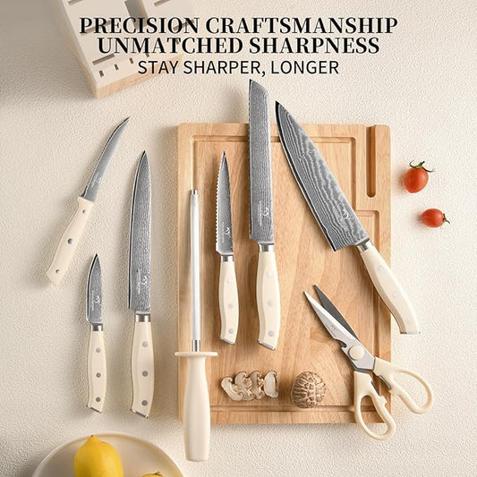 NANFANG BROTHERS Damascus Kitchen Knife Set 14 Pieces with Shears & Sharpener - VG10 High Carbon Steel, ABS Ergonomic Handle, Wooden Block Storage White