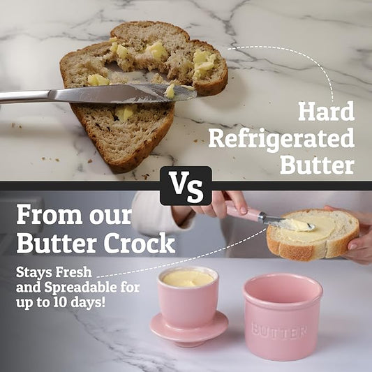 PriorityChef Butter Crock with Lid with Water Line, Ceramic French Butter Dish to Leave On Counter, Pink