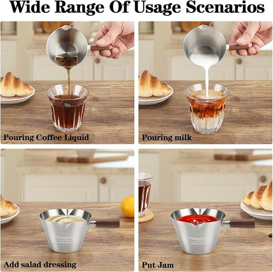Mongdio 2 Pcs Espresso Measuring Cup, Stainless Steel Espresso Shot Cups with Wooden Handle and Double Spouts, 6.8OZ/200ML, Silver