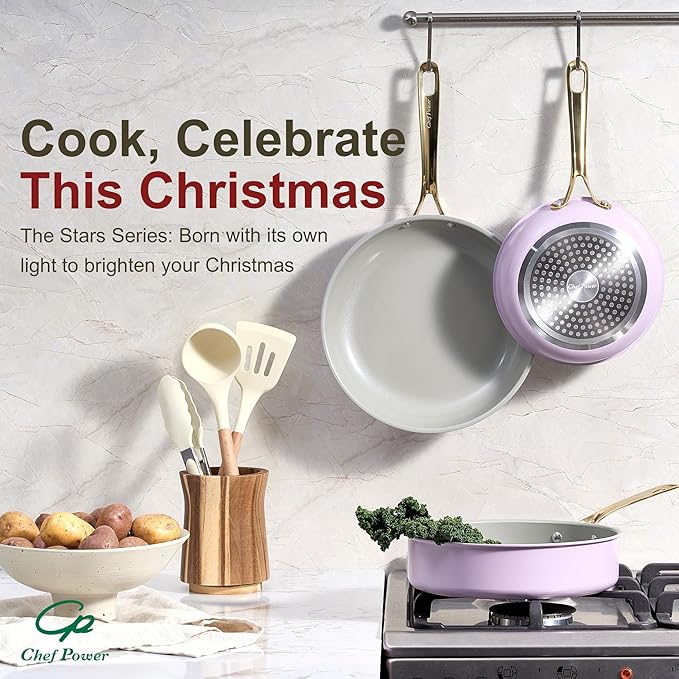 Chef Power Ceramic Frying Pan with Stainless Steel handle 5Pcs Set, Non Stick Grill Pan Set, Dishwasher and Oven Safe, Light Purple and Granite Grey