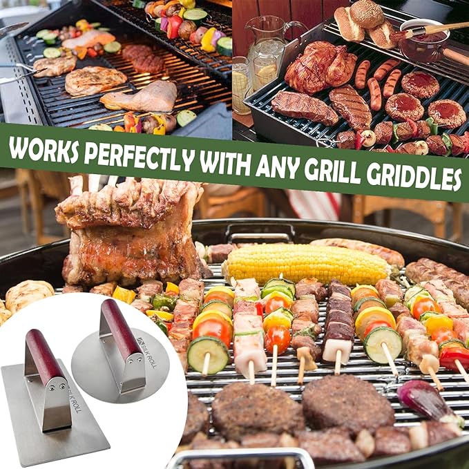 Stainless Steel Burger Press, Hamburger Press, Heavy Duty Meat Press, 8 Inch Bacon Press & 6.3 Inch Round Burger Smasher with Wood Handle, Grill Press for Smashburger, BBQ Bacon Up, Beef