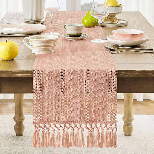 ZeeMart Macrame Style Boho Table Runner, Pink Table Runners 108 Inches Long, Farmhouse Woven Home Decor, 12x108 Inch, Rose Pink