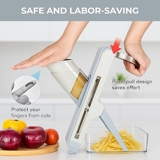 Adjustable Mandoline Vegetable Slicer and Chopper with Food Container – Kitchen Cutter with Multiple Thickness Settings, Includes Ceramic Peeler