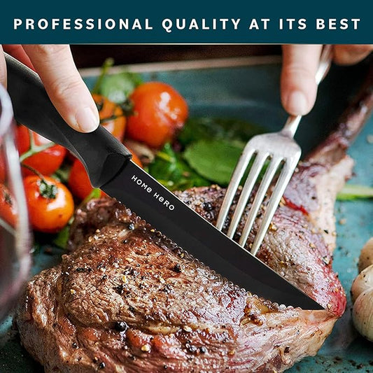 Home Hero Steak Knives Set of 12 - High-Carbon Stainless Steel Blades - Razor-Sharp Serrated Knives - Black Ergonomic Handles - 12 Pcs, Black