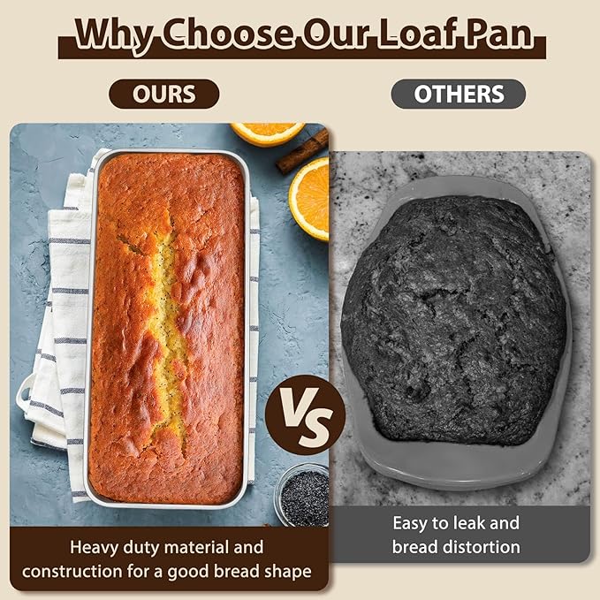 P&P CHEF Loaf Pans for Baking Bread, 12 x 5 Inch Large Stainless Steel Bread Loaf Pan Tins for Homemade Meatloaf Cake Brownies, Healthy & Sturdy, Oven & Dishwasher Safe, 3Pcs