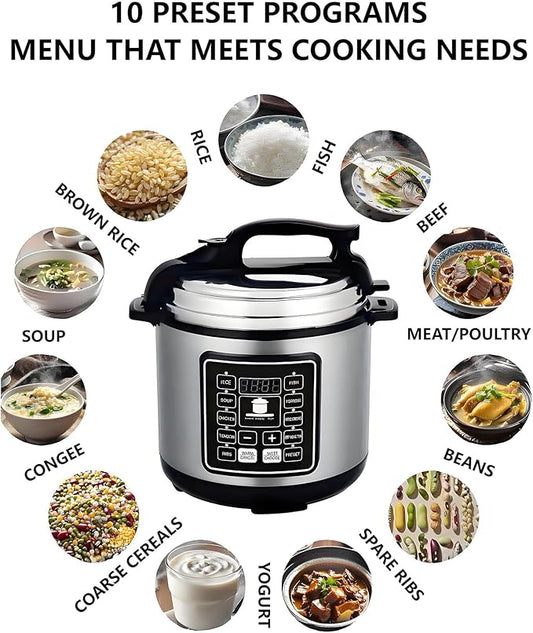 Aptovpvp Electric Pressure Cooker, 6 Liters, Slow Stew Pot With 24-Hour Reservation Function, 10 In 1 Rice Cooker, Wok, Cake, Yogurt, Etc., Stainless Steel/Black