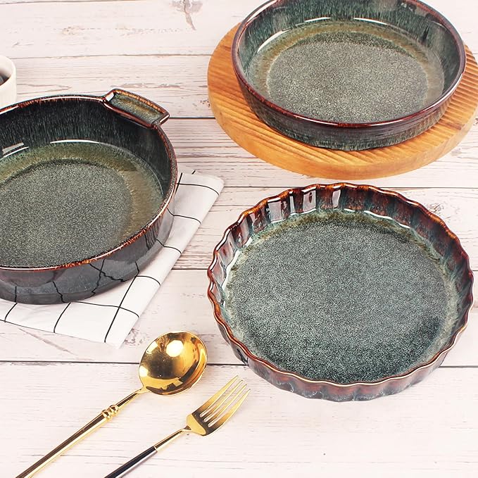 LIUYWYHCF Ceramic Pie Pan Quiche Baking Dish, 11 Inch Round Ruffled Edge Au Gratin Baking Dishes, 1.4 Quart Non-Stick Pie Dish, Tart Pan, Pie Plate for Apple, Oven, Dishwasher and Microwave Safe