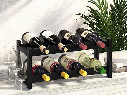 BAMEOS Wine Rack Freestanding 8 Bottle 2 Tier Bamboo Wine Racks Countertop Cabinet Wine Holder Wine Storage Shelf for Kitchen, Bar, Pantry, Wine Cellar, Countertop Black (16.85 L x 9.25W x 7H)