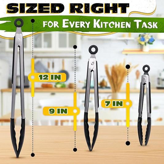 Kitchen Tongs Set of 3-7/9/12" Silicone Tipped Tongs for Cooking with Stainless Steel Build for Heat Resistant Handling, Non Stick & Easy-Lock Storage – Versatile Set for Meat Flipping & Salad Prep