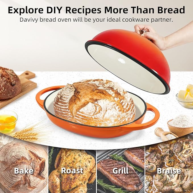 Davivy Cast Iron Oval Bread Pan with Lid 6QT, Dutch Oven for Sourdough Bread, Non-stick Cast Iron Sourdough Baking Pan with Silicone Baking Mat - Flame Orange