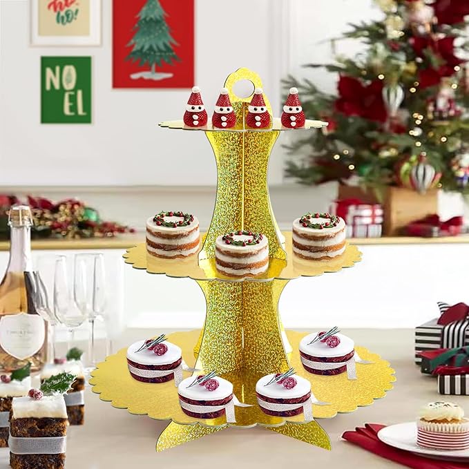 Soleebee 3-Tier Cupcake Stand, Cardboard Cupcake Tower, Dessert Cup Cake Stand Tower for Birthday Wedding Party Decoration, Cupcake Tier Stand 1 Set (Glitter Gold)