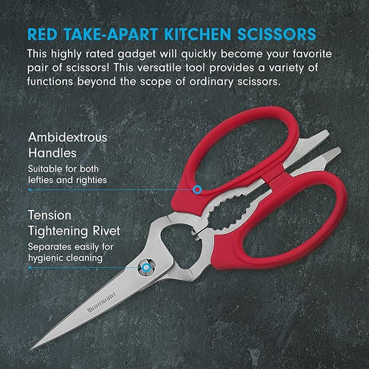 Messermeister 8-Inch Take-Apart Kitchen Scissors, Red - Includes Screwdriver, Nut Cracker, Jar Lid Opener/Gripper, Bottle Opener & Bone + Twig Cutter - Suitable for Lefties & Righties