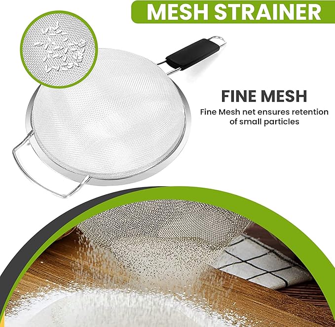 7" Fine Mesh Strainer with Thermo Plastic Rubber Handle - Sieve Fine Mesh Stainless Steel - Ideal to Strain Pasta, Quinoa and Rice.
