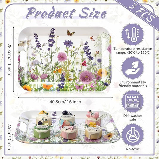3 Pack Easter Serving Trays 16 x 11 Inch Wild Flowers Garden Easter Platters Rectangular Serving Dishes Decorative Trays for Spring Wedding Party