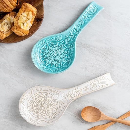 Ceramic Spoon Rest, 9 Inches Large Spoon Holder for Kitchen Counter, Kitchen Accessories, Dishwasher Safe, White