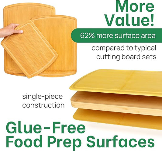 Organic Bamboo Cutting Board Set of 3 with Glue-Free Surface and Lifetime Replacements – Wooden Chopping Board for Kitchen with Juice Grooves for Carving & Serving, Non Toxic & Durable by Greener Chef