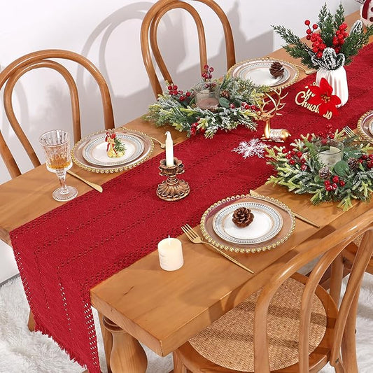 Alynsehom Macrame Table Runner Christmas Red Boho Table Runners with Tassels Hand Woven Cotton Table Runner Rustic Farmhouse Table Runners for Xmas Kitchen Dining Table(12x71in)