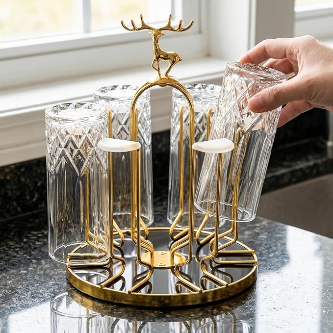 Rotating Cup Drying Rack Stand, 6 Cups Drinking Glass Holder, Non-Slip Steel Mug Drainer Organizer, Glass Cup Stand with Silicone Protective Hooks, Tumbler Dryer Tree for Kitchen, Countertop