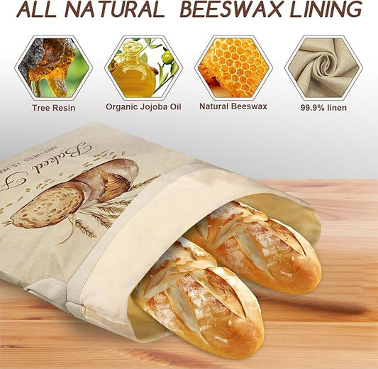 fufeisi Beeswax Bread Bags for Sourdough, 3 Pack Reusable Bread Bag for Storage - XL 17x13 Inch and 10x8 Inch, Large Linen Bags for Homemade Sourdough - Keep Fresh, Freezer Safe