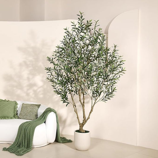 Olive Tree Artificial Indoor, 8FT Tall Faux Olive Tree with 11.5in White Cylinder Round Planter, Artificial Plants with Natural Wood Trunk and Lifelike Leaves for Home Office Decor