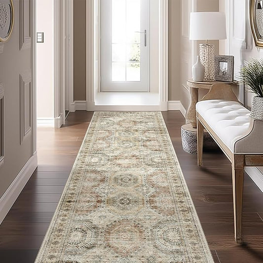 Long Bathroom Rugs Runner - Washable Runner Rugs for Hallway 2x10, Ultra-Thin Soft Kitchen Carpet Runner, Anti Slip Backing Runner Rugs for Entrance, Bedroom, Living Room(2'x10', Brown/Pink)