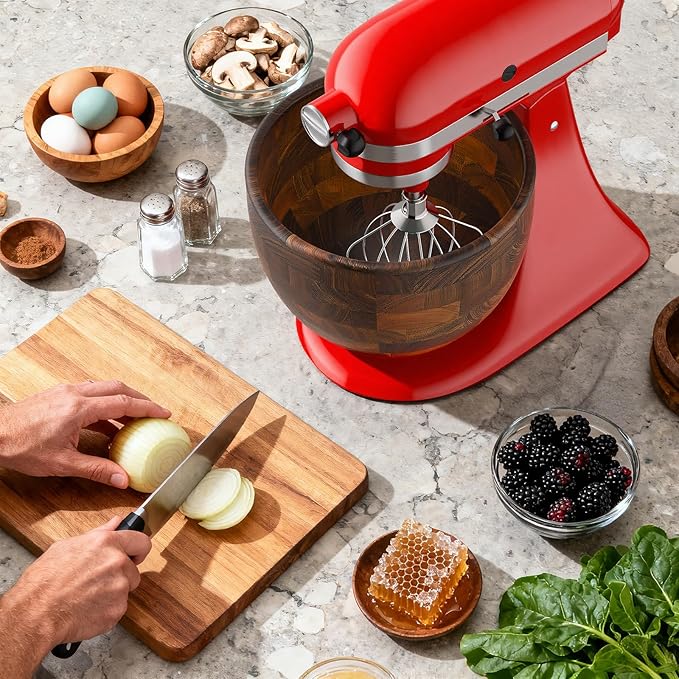 Cofun Premium Wood Mixing Bowl, Compatible with 4.5-5 Qt Tilt-Head Stand Mixers, Natural True Wooden Bowls, 5 Qt Kitchen Aid Bowls for Mixer with Stainless Steel Locking Base