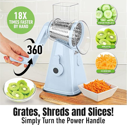 EMSON Rotary Cheese Grater Hand Crank, Stainless Steel Rotary Graters for Kitchen with 3 Blades, Vegetable Slicer, Cheese Shredder with Suction Cup Base, Dishwasher Safe