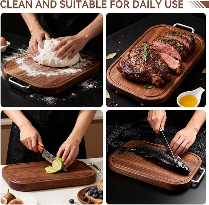Pusgrew Natural Ebony Wood Cutting Board - 14.5"×9.5"×1" Solid Double-Sided Butcher Block with Deep Juice Groove & Non-Slip Feet, Food-Grade Chopping Board for Meat, Veggie, Fruit (Kitchen Essential)
