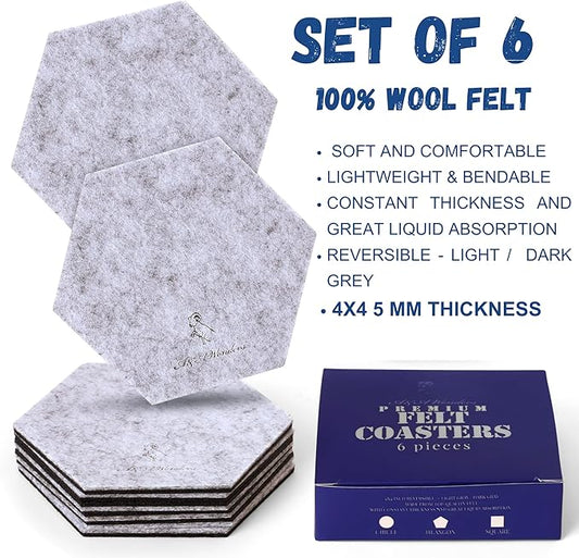 A&A Wonders Premium Felt Coasters for Drink, Two-Tone Reversible, Absorbent Felt Protects Furniture, Table, Anti Slip, Suitable for Drinks & All Table Types (Light Gray/Dark Gray, Hexagon 6 Pack)