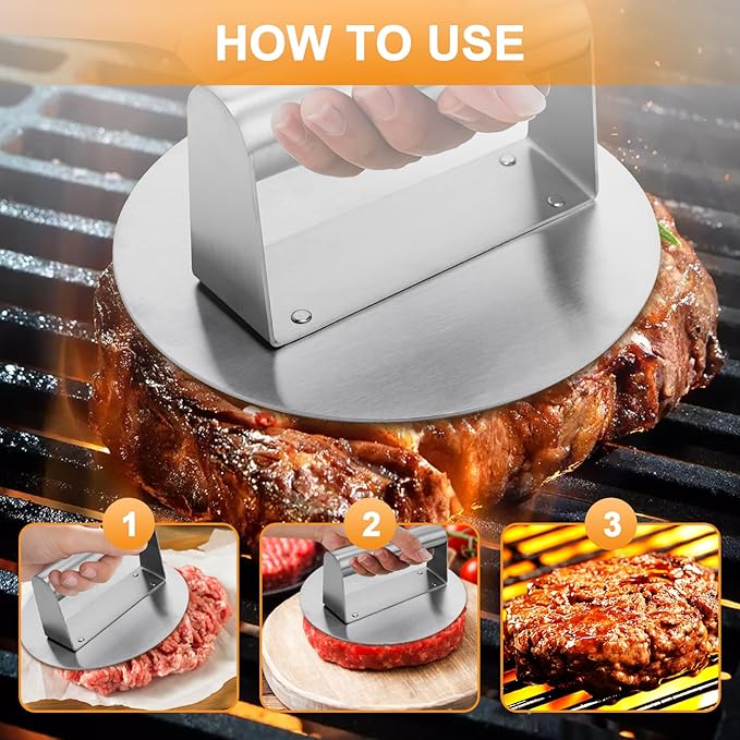 Whaleme Stainless Steel Burger Press 6.2" Round Smash Burger Press- Pro Non-Stick Burger Smasher for Blackstone/Flat Top Grill, Perfect for Burgers, Bacon | Dishwasher Safe Grill Press