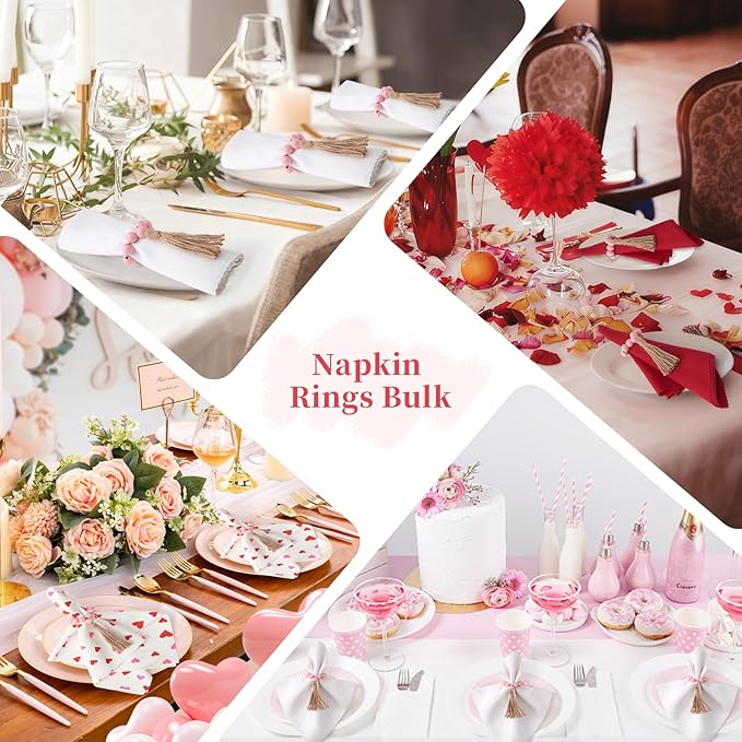 APTWOW Valentine Napkin Rings Set of 6, Pink Wooden Bead Napkin Rings for Table Decor, Valentine's Day Farmhouse Napkins Rings for Boho Table Decor, Spring Banquet, Wedding, Easter