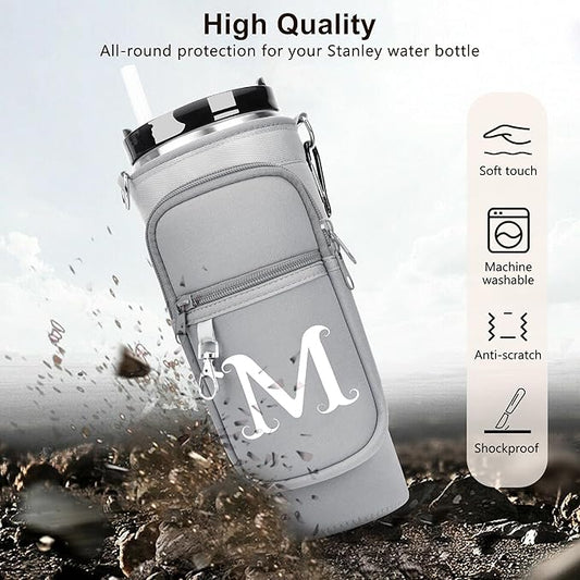LOKASS Personalized Water Bottle Holder with Strap for Stanley Cup Accessories 40 oz Tumbler, Initial Water Bottle Carrier Bag/Phone Pocket, Mother's Day/Birthday Gifts for Women/Girls