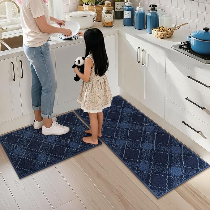COSY HOMEER Kitchen Rugs and Mats Sets 2PCS Non-Slip Soft Kitchen Mats for Floor Absorbent and Stain Resistant Kitchen Floor Mat Washable Plaid Rugs for Kitchen,20"x32"+20"x48",Navy Blue