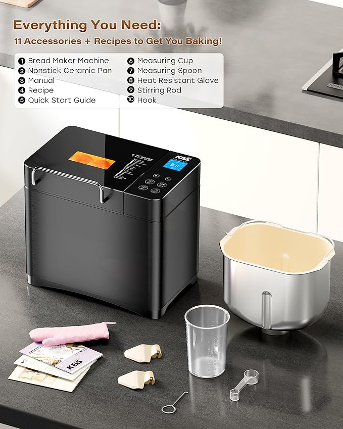 KBS 710W 2LB Bread Maker Dual Heaters, 17-in-1 Stainless Steel Bread Machine with Healthy Ceramic Pan, Automatic Nut Dispenser, Tempered Glass Touch Panel, 3 Crust Colors, 15H Timer& Keep-Warm,Recipes