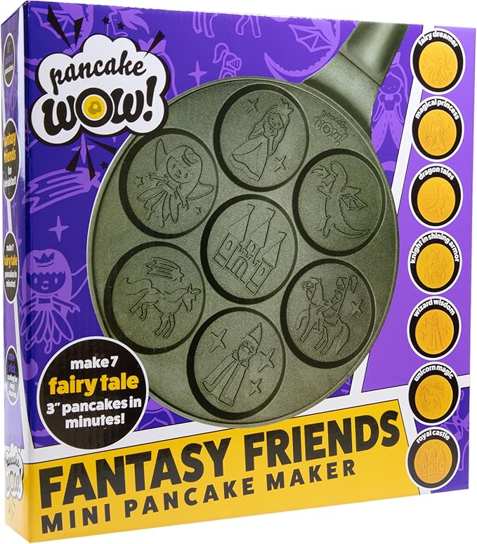 CucinaPro Fantasy Friends Mini Pancake Pan - Nonstick Griddle w Long Handle for Breakfast Magic, Featuring a Princess Castle & More, 7 Unique Flapjacks- Kitchen Baker- Girls Easter Basket Stuffer Gift