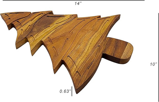 Treen Art Wood Cutting Board for Kitchen Christmas Wave Tree Shaped Wooden Cutting Board with Handle & Grooves, Decorative cutting board for Cheese and Charcuterie Serving Platter 14"L x 10"W