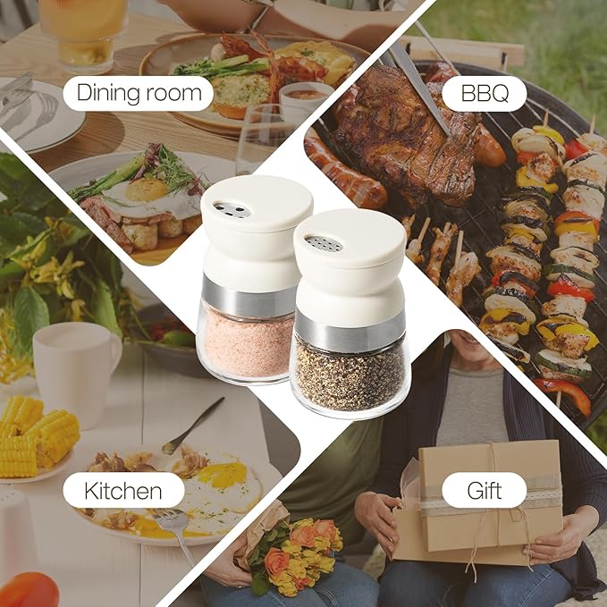 Vucchini Mini Salt and Pepper Shaker 2pcs 1.28 Oz Small Travel Spice Shaker with Adjustable Pour Holes Portable Pepper Dispenser for Table, Camping, Travel Beige Color
