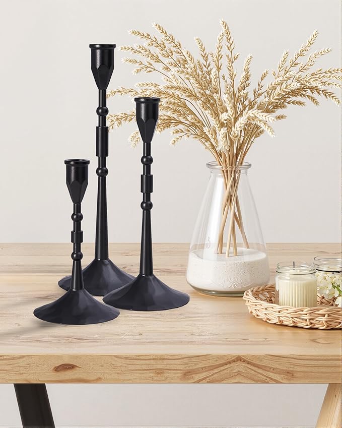 Vintage Taper Candle Holders Set | Handmade 3-Piece Candlestick Decor for Table Centerpiece, Farmhouse Kitchen & Party Lighting (Black)