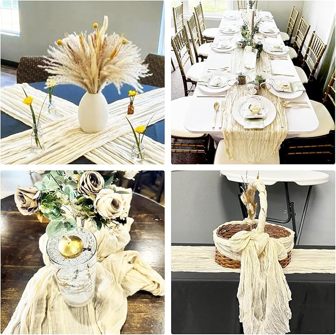 10 Pack Beige Cheesecloth Table Runner 10FT Boho Gauze Fabric Table Runner Vintage Rustic Sheer Runners for Wedding Party Bridal Baby Shower Long Table Decorations