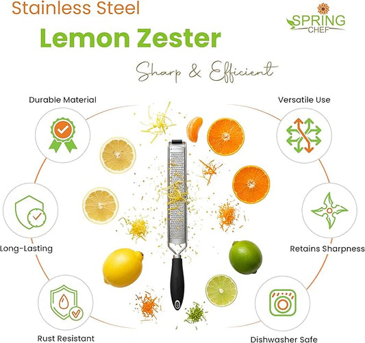 Spring Chef Stainless Steel Lemon Zester Grater with Handle - Garlic, Cheese, Parmesan, Nutmeg, Lime, Ginger Grater - Heavy Duty Kitchen Tool - Citrus Zester with Blade Cover - Fine Shred - Black