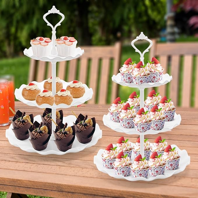 Coitak 3 Tier Cupcake Stand, Plastic Tiered Serving Stand, Dessert Tower Tray for Tea Party, Birthday and Wedding (Wavy-white rod)