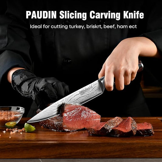 PAUDIN Carving Knife 8 inch, Ultra Sharp Brisket Slicing Knives, Premium Meat Cutting Knives German Stainless Steel, BBQ Knife with Ergonomic Handle, for Slicing Roast, Meats and Vegetables