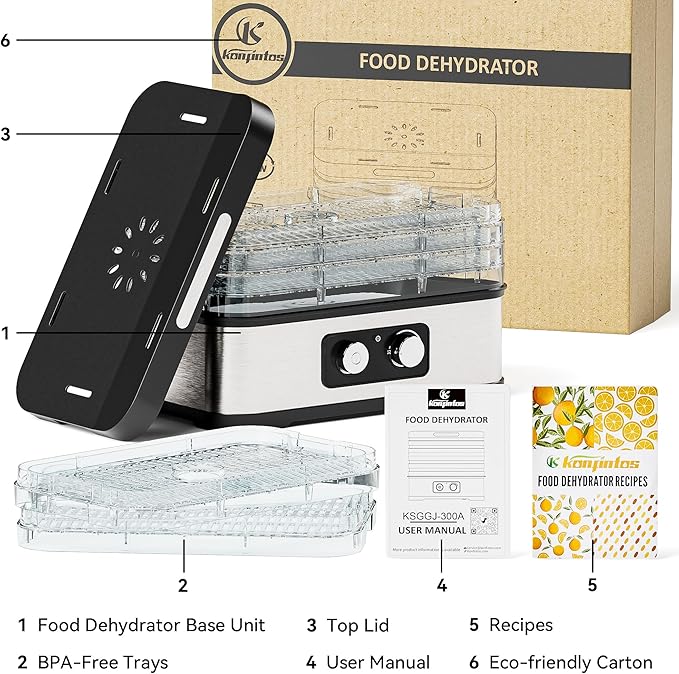 Food Dehydrator Machine for Jerky, 5 Stackable BPA-Free Trays with Temperature Control, 250W Small Dehydrator for Fruit, Beef and Deer Jerky, Mushroom, Herbs, Recipe Included, 72H Max