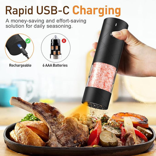 Rechargeable Salt and Pepper Grinder Set with LED Light, Adjustable Coarseness shakers, One-Hand Operation for Kitchen Appliances Christmas Gift Sets for Women(2 Pack Upgrade Black)