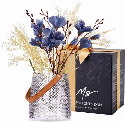 Nordic Handcrafted Glass Flower Vase with Vegan Leather Handle – Diamond Pattern Design – Modern Decorative Centerpiece – Elegant Gift for Weddings, Housewarming, Anniversaries – Stylish Home Décor