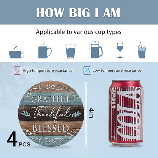 Coasters for Drinks,Set of 4 Absorbent Coasters,Thankful Grateful Blessed Ceramic Coasters with Cork Base,Cup Coaster for Coffee Table Protection,Gifts for Housewarming Birthday