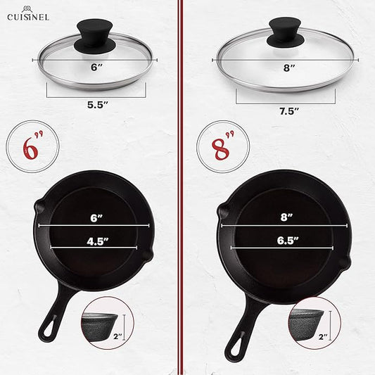 Cuisinel 6"+8"+10+12"-Inch Cast Iron Skillets Set + Glass Lids + Silicone Handle Grips - Pre-Seasoned Frying Pan - Oven Cookware - Use Indoor/Outdoor, Grill, Stovetop, Fire, Camping, Kitchen