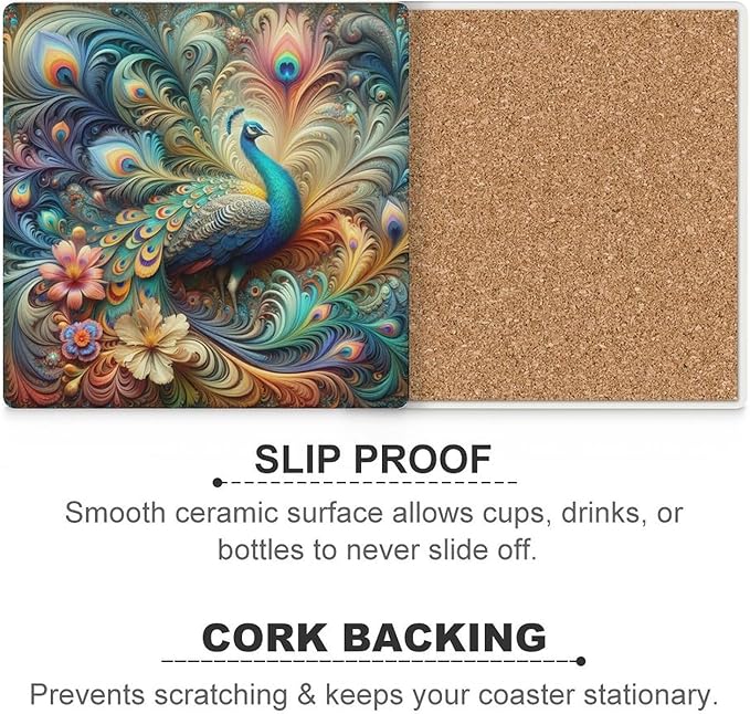 Peacock Drink Coasters, Square Ceramic Drink Coaster Square-6PCS, Beautiful Colorful Floral Peacock Art Pattren Decor Absorbent Ceramic Coasters for Beverage Cup, Bar, Coffee Table